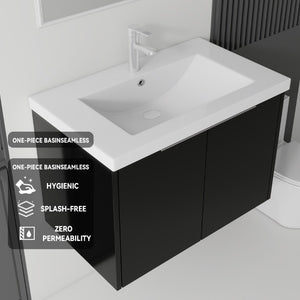 English Elm 36 Inch Wall Mounted Floating Vanity with Ceramic Sink Plywood Cabinet Soft Close Black B2775S00047