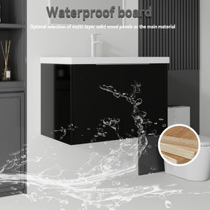 English Elm 36 Inch Wall Mounted Floating Vanity with Ceramic Sink Plywood Cabinet Soft Close Black B2775S00047