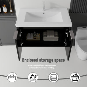 English Elm 36 Inch Wall Mounted Floating Vanity with Ceramic Sink Plywood Cabinet Soft Close Black B2775S00047