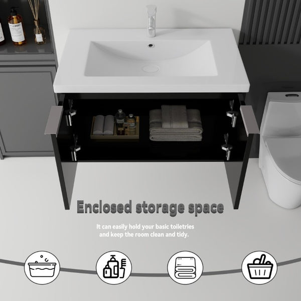 English Elm 36 Inch Wall Mounted Floating Vanity with Ceramic Sink Plywood Cabinet Soft Close Black B2775S00047
