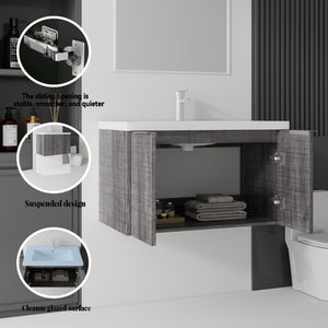 English Elm 36 Inch Wall Mounted Floating Vanity with Ceramic Sink Plywood Cabinet Soft Close Grey - A B2775S00048