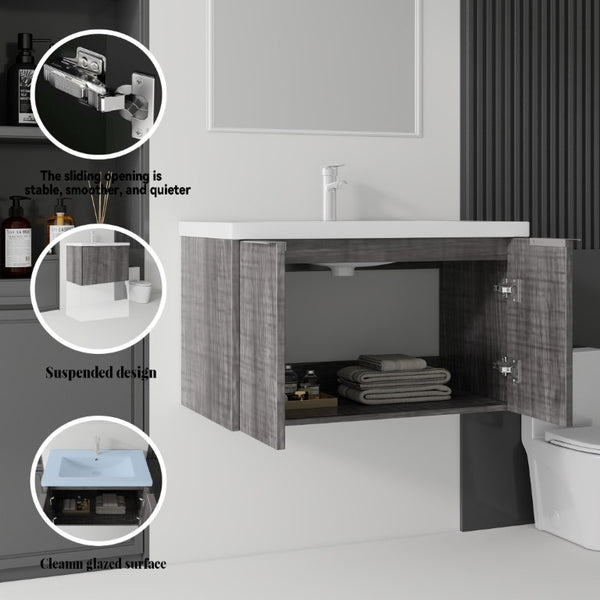 English Elm 36 Inch Wall Mounted Floating Vanity with Ceramic Sink Plywood Cabinet Soft Close Grey - A B2775S00048