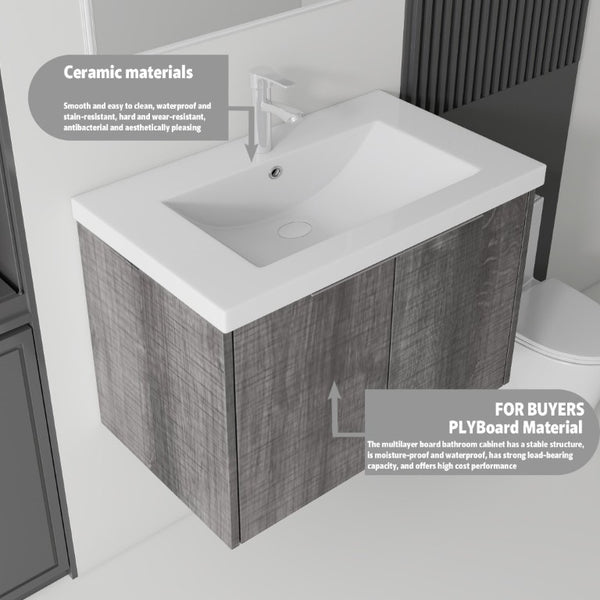 English Elm 36 Inch Wall Mounted Floating Vanity with Ceramic Sink Plywood Cabinet Soft Close Grey - A B2775S00048