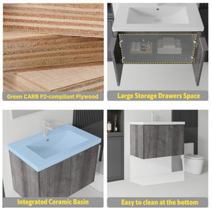 English Elm 36 Inch Wall Mounted Floating Vanity with Ceramic Sink Plywood Cabinet Soft Close Grey - A B2775S00048