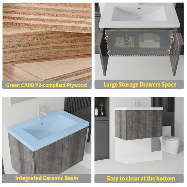 English Elm 36 Inch Wall Mounted Floating Vanity with Ceramic Sink Plywood Cabinet Soft Close Grey - A B2775S00048