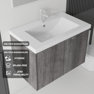 English Elm 36 Inch Wall Mounted Floating Vanity with Ceramic Sink Plywood Cabinet Soft Close Grey - A B2775S00048