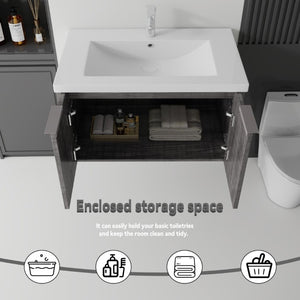 English Elm 36 Inch Wall Mounted Floating Vanity with Ceramic Sink Plywood Cabinet Soft Close Grey - A B2775S00048