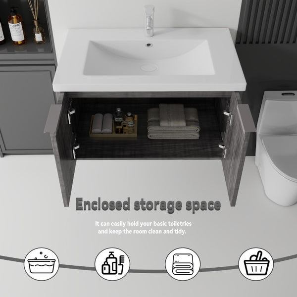 English Elm 36 Inch Wall Mounted Floating Vanity with Ceramic Sink Plywood Cabinet Soft Close Grey - A B2775S00048