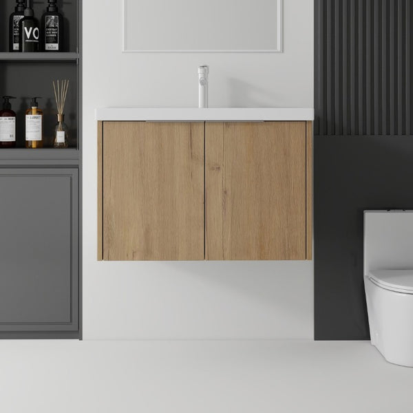English Elm 36 Inch Wall Mounted Floating Vanity with Ceramic Sink Plywood Cabinet Soft Close Oak - A B2775S00049