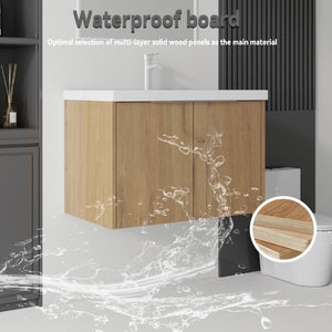English Elm 36 Inch Wall Mounted Floating Vanity with Ceramic Sink Plywood Cabinet Soft Close Oak - A B2775S00049
