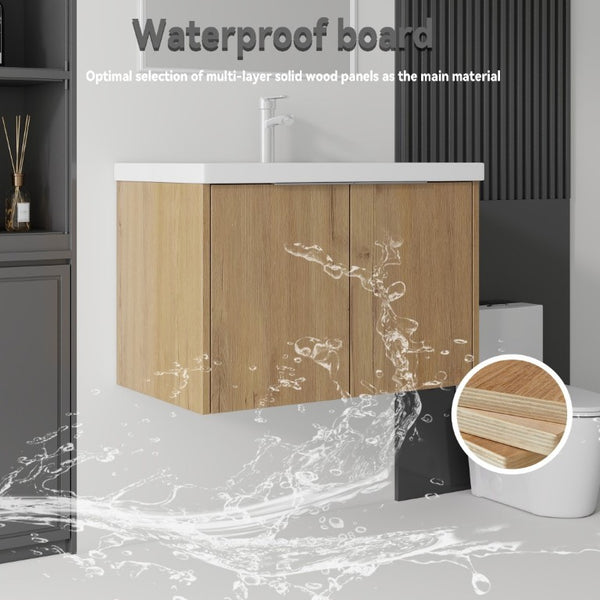 English Elm 36 Inch Wall Mounted Floating Vanity with Ceramic Sink Plywood Cabinet Soft Close Oak - A B2775S00049
