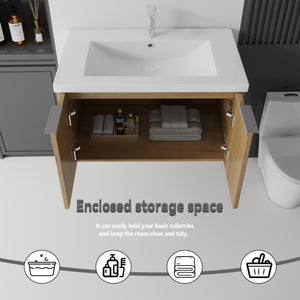 English Elm 36 Inch Wall Mounted Floating Vanity with Ceramic Sink Plywood Cabinet Soft Close Oak - A B2775S00049