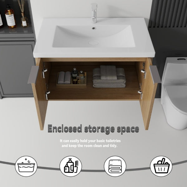 English Elm 36 Inch Wall Mounted Floating Vanity with Ceramic Sink Plywood Cabinet Soft Close Oak - A B2775S00049