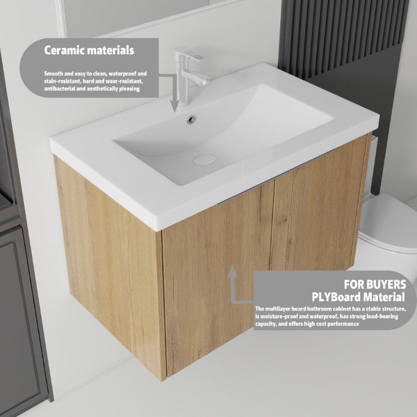 English Elm 36 Inch Wall Mounted Floating Vanity with Ceramic Sink Plywood Cabinet Soft Close Oak - A B2775S00049