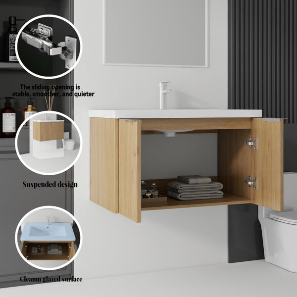 English Elm 36 Inch Wall Mounted Floating Vanity with Ceramic Sink Plywood Cabinet Soft Close Oak - A B2775S00049