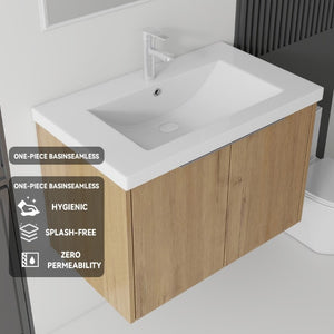English Elm 36 Inch Wall Mounted Floating Vanity with Ceramic Sink Plywood Cabinet Soft Close Oak - A B2775S00049