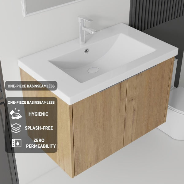 English Elm 36 Inch Wall Mounted Floating Vanity with Ceramic Sink Plywood Cabinet Soft Close Oak - A B2775S00049