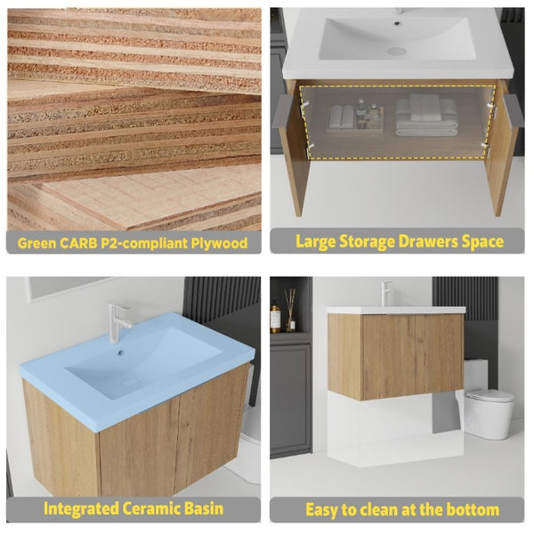 English Elm 36 Inch Wall Mounted Floating Vanity with Ceramic Sink Plywood Cabinet Soft Close Oak - A B2775S00049