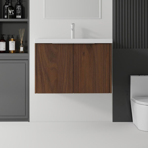 English Elm 36 Inch Wall Mounted Floating Vanity with Ceramic Sink Plywood Cabinet Soft Close Brown B2775S00050