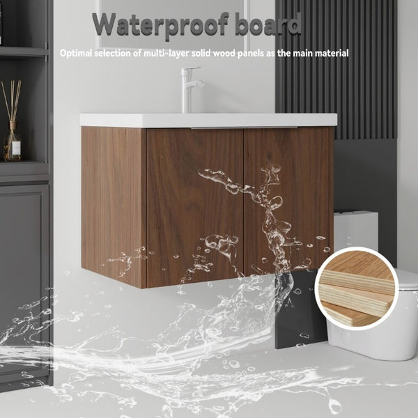 English Elm 36 Inch Wall Mounted Floating Vanity with Ceramic Sink Plywood Cabinet Soft Close Brown B2775S00050