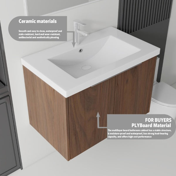 English Elm 36 Inch Wall Mounted Floating Vanity with Ceramic Sink Plywood Cabinet Soft Close Brown B2775S00050