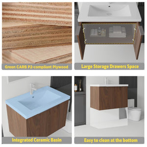 English Elm 36 Inch Wall Mounted Floating Vanity with Ceramic Sink Plywood Cabinet Soft Close Brown B2775S00050
