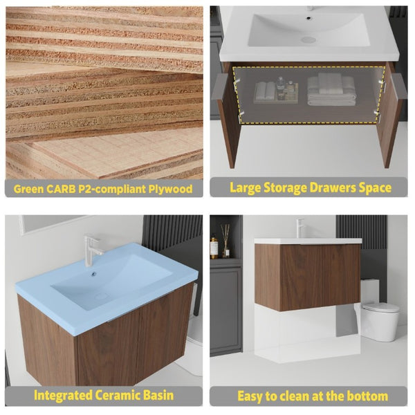 English Elm 36 Inch Wall Mounted Floating Vanity with Ceramic Sink Plywood Cabinet Soft Close Brown B2775S00050