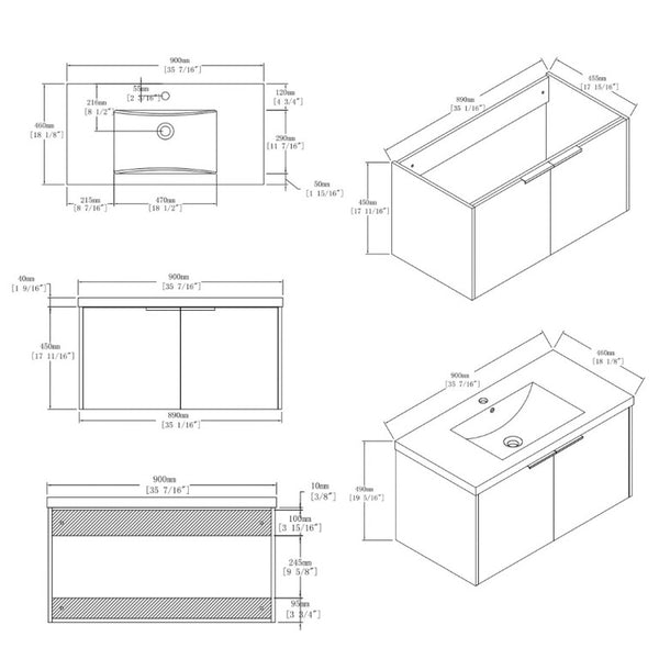 English Elm 36 Inch Wall Mounted Floating Vanity with Ceramic Sink Plywood Cabinet Soft Close Brown B2775S00050