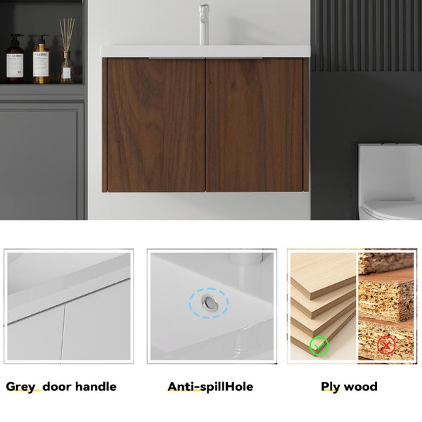 English Elm 36 Inch Wall Mounted Floating Vanity with Ceramic Sink Plywood Cabinet Soft Close Brown B2775S00050