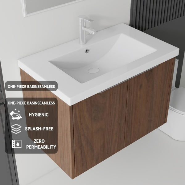 English Elm 36 Inch Wall Mounted Floating Vanity with Ceramic Sink Plywood Cabinet Soft Close Brown B2775S00050