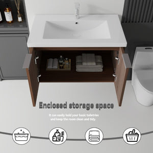 English Elm 36 Inch Wall Mounted Floating Vanity with Ceramic Sink Plywood Cabinet Soft Close Brown B2775S00050