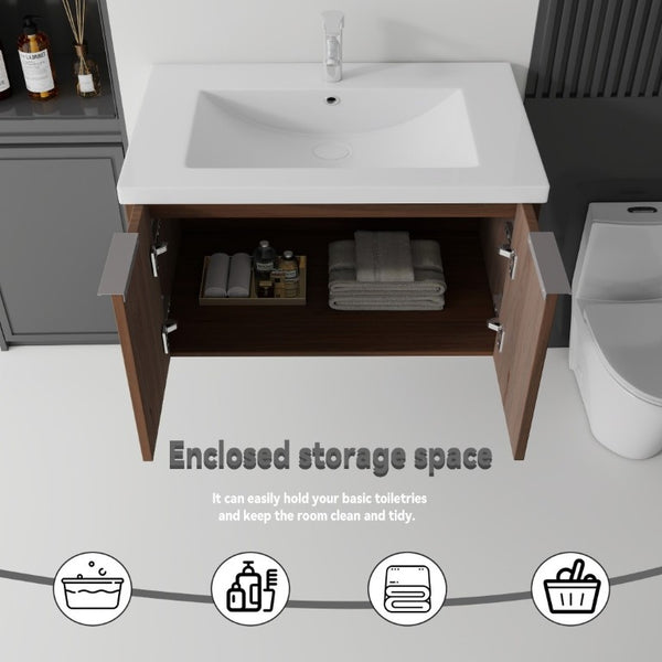 English Elm 36 Inch Wall Mounted Floating Vanity with Ceramic Sink Plywood Cabinet Soft Close Brown B2775S00050
