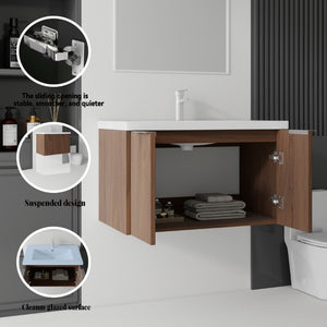 English Elm 36 Inch Wall Mounted Floating Vanity with Ceramic Sink Plywood Cabinet Soft Close Brown B2775S00050