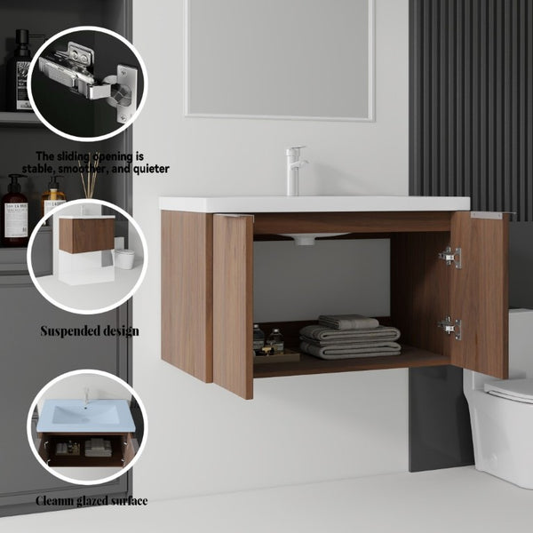 English Elm 36 Inch Wall Mounted Floating Vanity with Ceramic Sink Plywood Cabinet Soft Close Brown B2775S00050