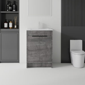 English Elm 24 Inch Freestanding Bathroom Vanity with Soft Close Drawer Ceramic Sink Plywood Cabinet Grey B2775S00051