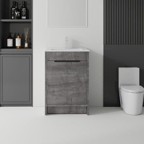 English Elm 24 Inch Freestanding Bathroom Vanity with Soft Close Drawer Ceramic Sink Plywood Cabinet Grey B2775S00051