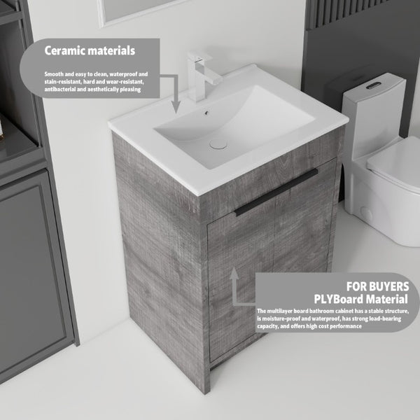 English Elm 24 Inch Freestanding Bathroom Vanity with Soft Close Drawer Ceramic Sink Plywood Cabinet Grey B2775S00051