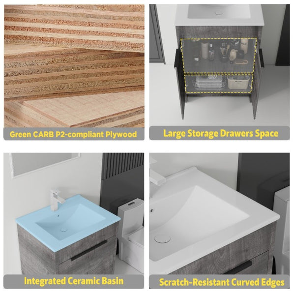 English Elm 24 Inch Freestanding Bathroom Vanity with Soft Close Drawer Ceramic Sink Plywood Cabinet Grey B2775S00051