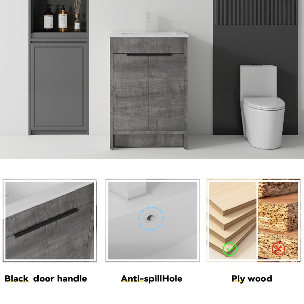 English Elm 24 Inch Freestanding Bathroom Vanity with Soft Close Drawer Ceramic Sink Plywood Cabinet Grey B2775S00051