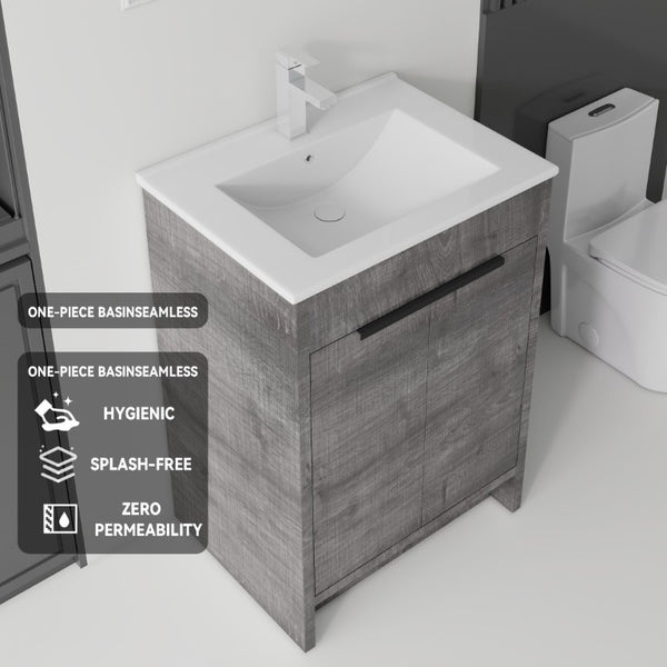 English Elm 24 Inch Freestanding Bathroom Vanity with Soft Close Drawer Ceramic Sink Plywood Cabinet Grey B2775S00051