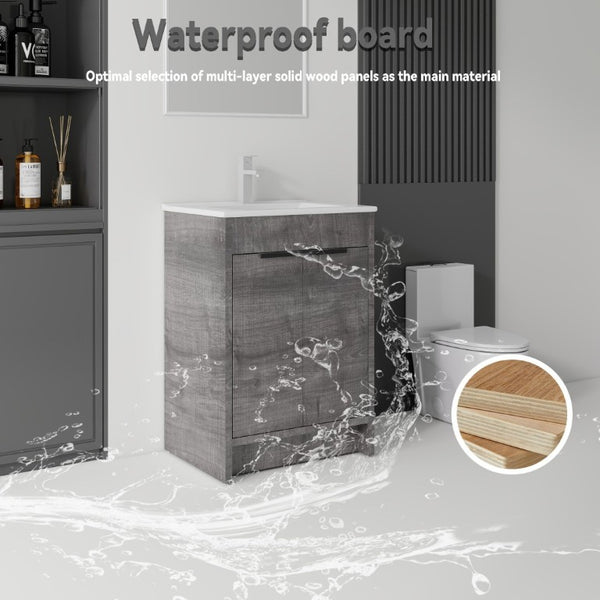 English Elm 24 Inch Freestanding Bathroom Vanity with Soft Close Drawer Ceramic Sink Plywood Cabinet Grey B2775S00051