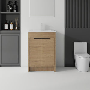 English Elm 24 Inch Freestanding Bathroom Vanity with Soft Close Drawer Ceramic Sink Plywood Cabinet Oak B2775S00052