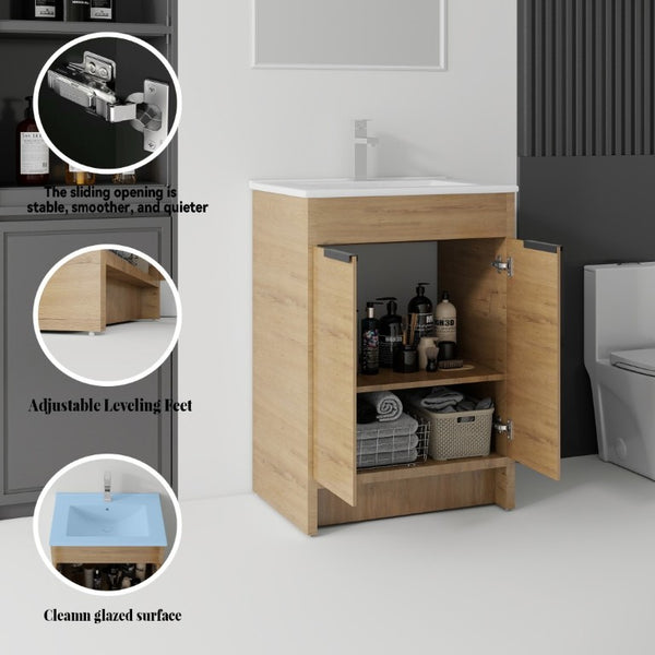English Elm 24 Inch Freestanding Bathroom Vanity with Soft Close Drawer Ceramic Sink Plywood Cabinet Oak B2775S00052