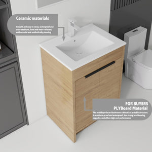 English Elm 24 Inch Freestanding Bathroom Vanity with Soft Close Drawer Ceramic Sink Plywood Cabinet Oak B2775S00052