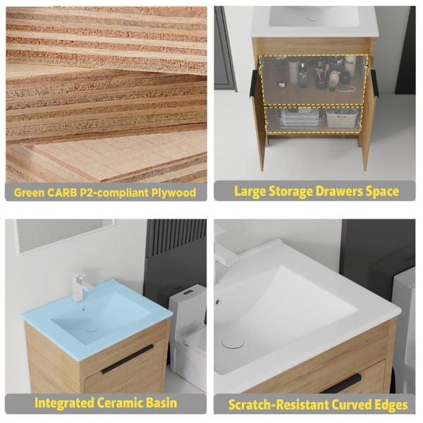English Elm 24 Inch Freestanding Bathroom Vanity with Soft Close Drawer Ceramic Sink Plywood Cabinet Oak B2775S00052