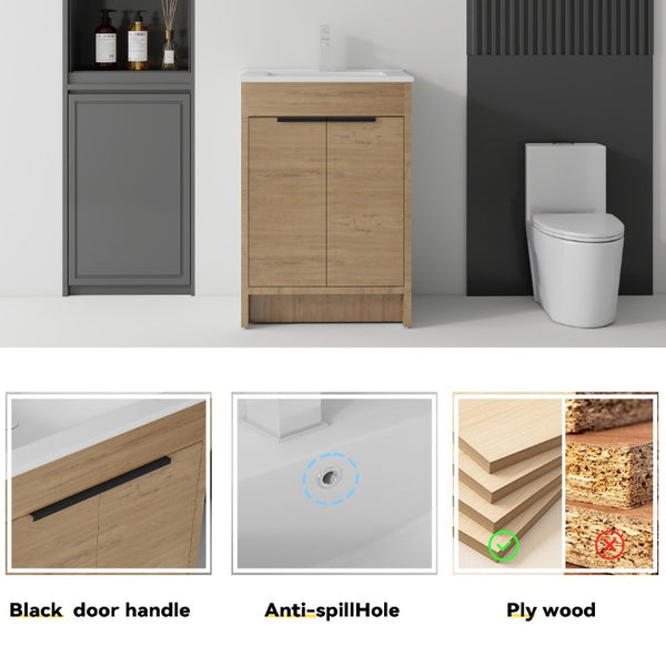English Elm 24 Inch Freestanding Bathroom Vanity with Soft Close Drawer Ceramic Sink Plywood Cabinet Oak B2775S00052