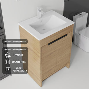 English Elm 24 Inch Freestanding Bathroom Vanity with Soft Close Drawer Ceramic Sink Plywood Cabinet Oak B2775S00052