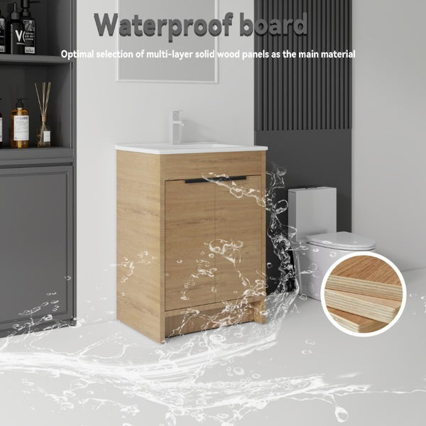 English Elm 24 Inch Freestanding Bathroom Vanity with Soft Close Drawer Ceramic Sink Plywood Cabinet Oak B2775S00052