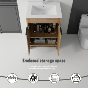 English Elm 24 Inch Freestanding Bathroom Vanity with Soft Close Drawer Ceramic Sink Plywood Cabinet Oak B2775S00052