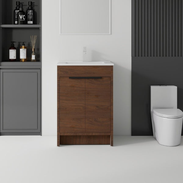 English Elm 24 Inch Freestanding Bathroom Vanity with Soft Close Drawer Ceramic Sink Plywood Cabinet Brown B2775S00053